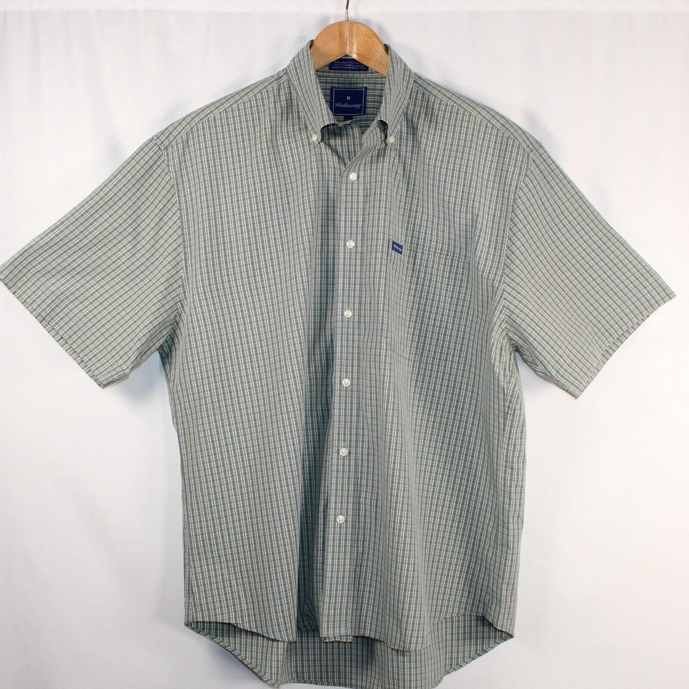 Hathaway Men's Short Sleeve Green Multi Stripe Check Button Up Shirt SZ L